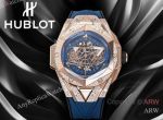 High Quality Replica HUBLOT BIG BANG SANG BLEU II Dark Blue Fluororubber Strap Dark Blue Skeletonized Geometric Face Dial Titanium With Diamond-Set Case Watch 45mm